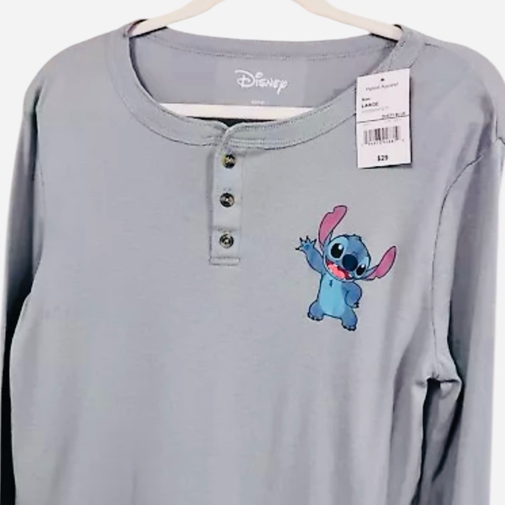 Disney Stitch Junior Blue Henley Lounge Pajama Top Large‎ NEW
